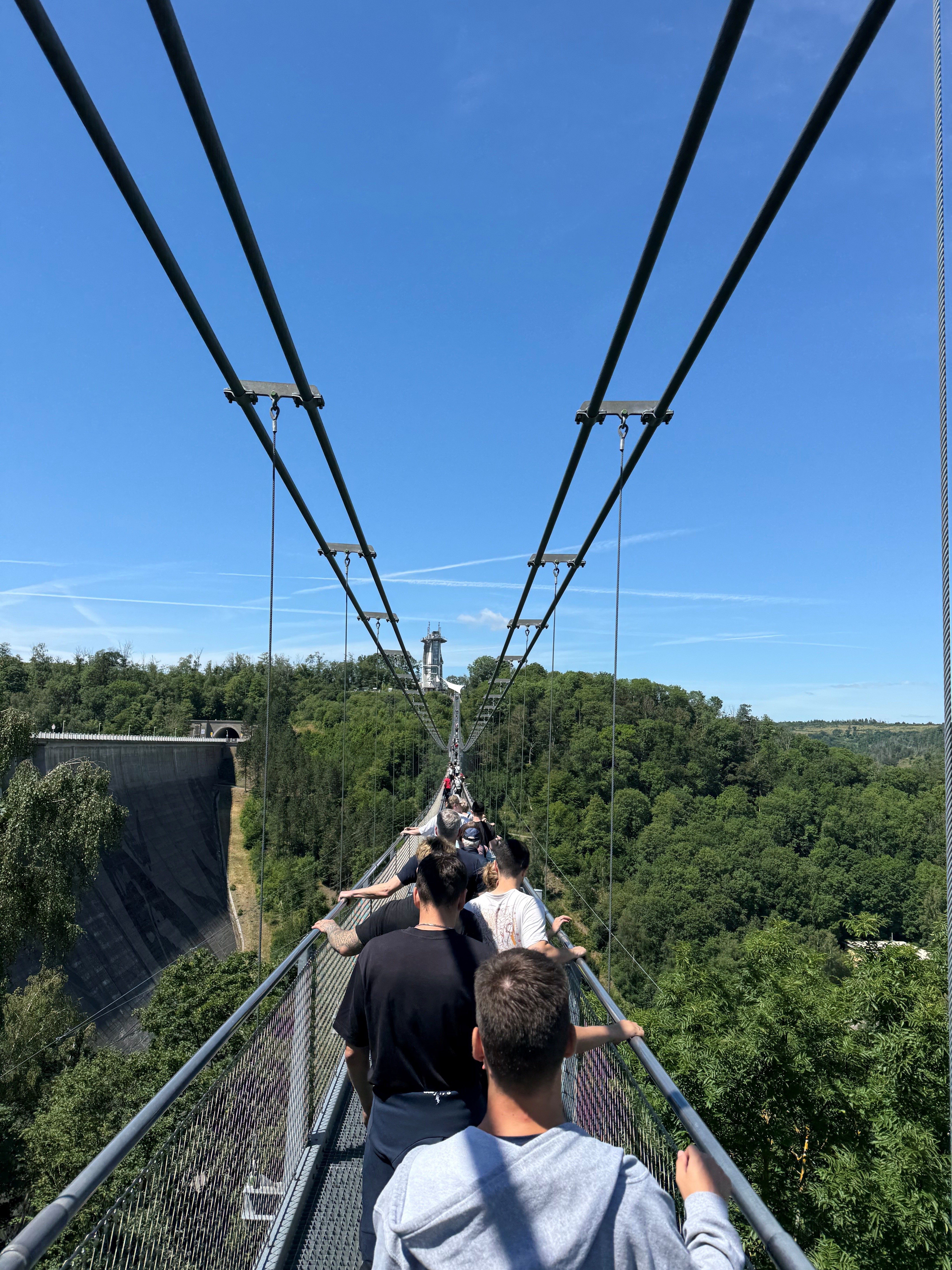 Das Complion Team auf der Hängebrücke über den Fluss.